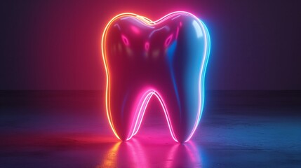 3d render of tooth in neon light. Dental care concept