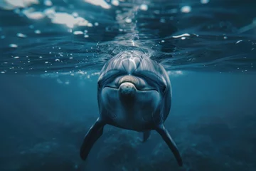 Fotobehang Close-up of a dolphin underwater, facing the camera with a playful expression, light ripples on the water surface above. © evgenia_lo