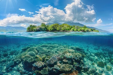 Fototapeta na wymiar Tropical Island and coral reef. Split view with waterline