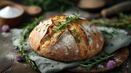 a loaf of bread with a sprig of rosemary on top of a piece of cloth on a wooden table. - obrazy, fototapety, plakaty
