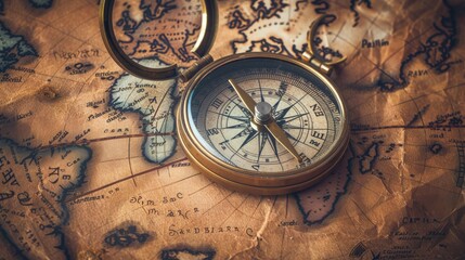 Vintage compass lies on an ancient world map.