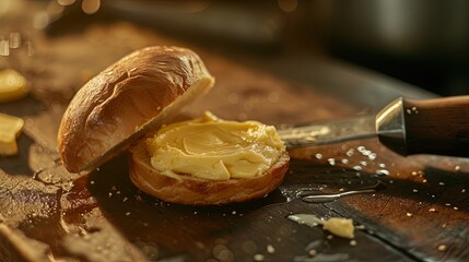 Morning breakfast with bun and butter. Background concept - obrazy, fototapety, plakaty