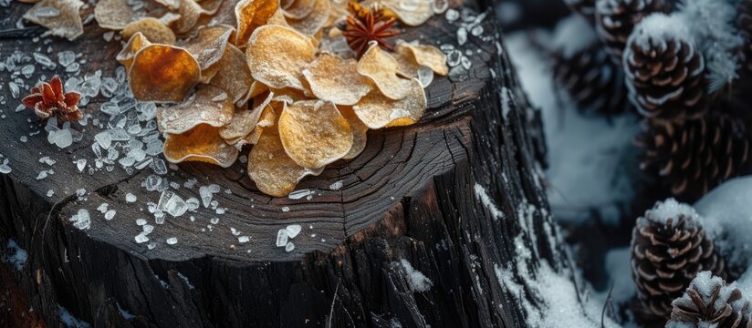 A collection of potato chips is stacked on top of a weathered tree stump in the Altay region of Troitsky. The crunchy snacks rest on the textured surface of the stump, creating an unusual