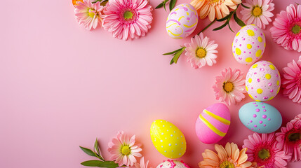Fototapeta na wymiar Easter eggs and flowers decor banner on pink background with copyspace