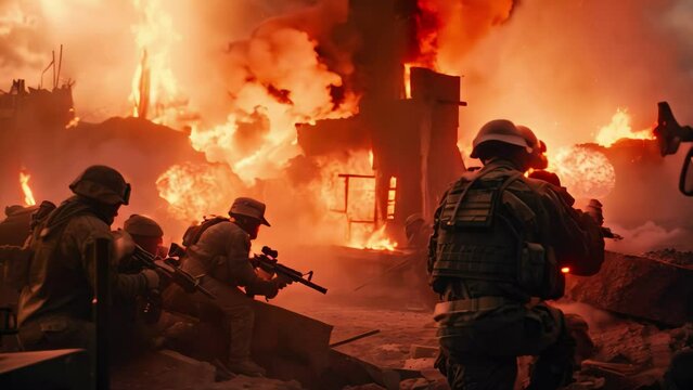 United States Navy special forces soldiers in action during a military operation. Army soldiers in action and firing on enemies with guns, AI Generated