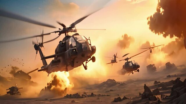 Helicopter in the desert. Military scene. 3d render, Attack helicopters flying in a warzone and shooting, AI Generated