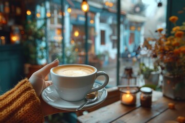 A cozy, warm sweater-clad hand holding a porcelain cup of cappuccino with latte art, in a charming cafe setting with soft lighting.