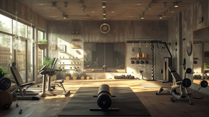 A panoramic view of an organized home gym with exercise equipment, mirrors, and motivational quotes on the walls - obrazy, fototapety, plakaty