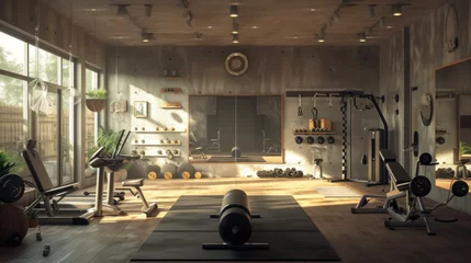 Foto op Aluminium A panoramic view of an organized home gym with exercise equipment, mirrors, and motivational quotes on the walls © Textures & Patterns