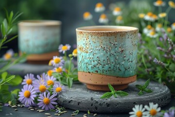 Handcrafted ceramic mug filled with herbal tea surrounded by fresh herbs and flowers, with a lit candle in a serene natural setting.