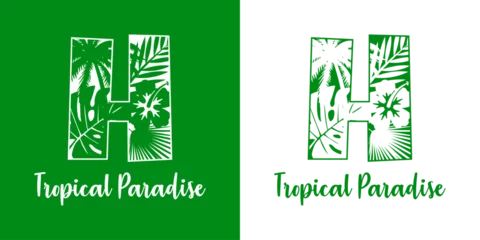 Fototapeten Logo destino de vacaciones. Mensaje Tropical Paradise con letra inicial H con silueta de plantas tropicales © teracreonte