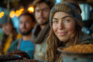 A group of people attending a hands-on coffee roasting workshop, with a focus on a smiling participant wearing a beanie, surrounded by fresh coffee beans.