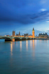 London, UK; February 26, 2024 - A view of the Westminster Bridge, Big Ben and the houses of...
