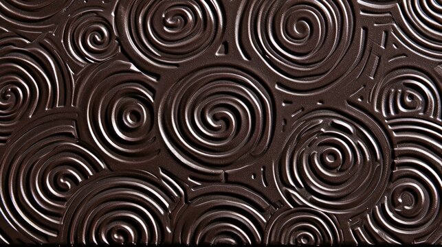 a close up of a chocolate textured surface with swirls in the center of the image and a black background.