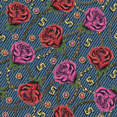 Denim floral seamless pattern with buds of roses. Flowers with golden chains, scattered golden dollar signs on blue jeans texture. For prints, clothing, t shirt, surface design Vintage style