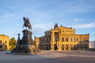 Semperoper opera house and König-Johann-Denkmal (King Johann monument) in Dresden, Saxony, Germany