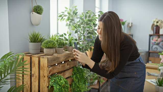 A smiling young hispanic woman captures a photo of lush plants at an indoor flower shop.
