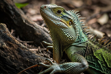 Obraz premium Green iguana close up in a forest