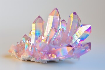 An exquisite cluster of crystals with a holographic pastel coating that radiates a spectrum of light, set against a soft, neutral background.