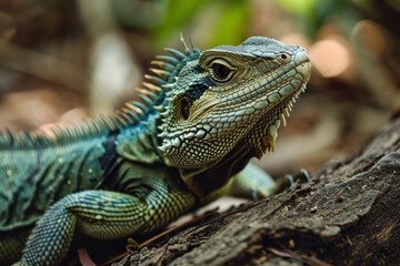Fototapeta premium Green iguana close up in a forest