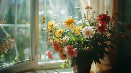 Fototapeta na wymiar Um buquê vibrante em uma loja de flores iluminado por luz natural e convidando para um momento acolhedor