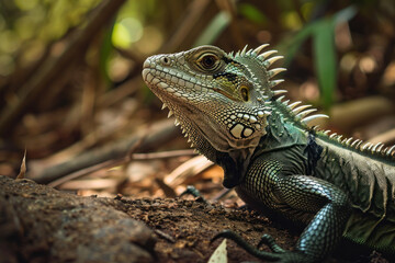 Obraz premium Green iguana close up in a forest