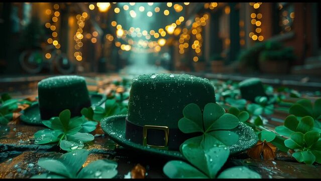 Experience a 3D realistic portrayal of a green leprechaun top hat adorned with a clover shamrock in this vector video illustration. Celebrate St. Patrick's Day with this captivating design concept.



