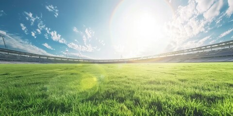 A modern stadium background with green grass at a sunny day - obrazy, fototapety, plakaty