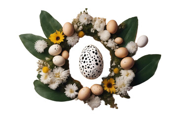 Easter egg shape made of flowers leaves and quail eggs Minimal holiday concept Natural Floral patter