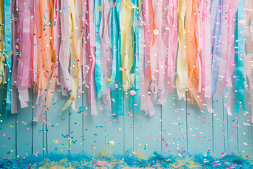 Birthday party decorations. Streamers, banners and confetti. Generative AI