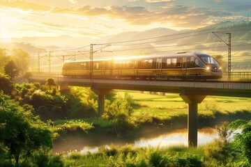 Eco-friendly commuter train crossing a lush green valley, powered by renewable energy, celebrating Earth Day. - obrazy, fototapety, plakaty