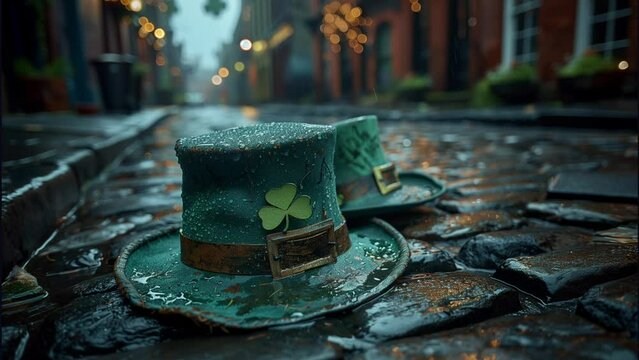 Experience a 3D realistic portrayal of a green leprechaun top hat adorned with a clover shamrock in this vector video illustration. Celebrate St. Patrick's Day with this captivating design concept.


