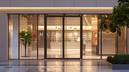A clean and minimalist storefront entrance with glass doors, logo signage, and product displays