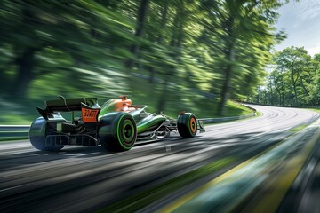 Eco-friendly Formula 1 car racing on a track surrounded by lush forests, symbolizing high-speed...