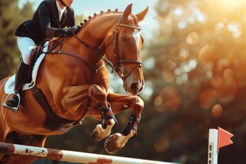 Equestrian in formal attire riding a chestnut horse clearing a jump during a show jumping event, with sunlit bokeh in the background. - obrazy, fototapety, plakaty