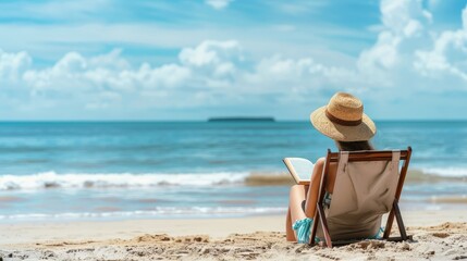 Fototapeta na wymiar a woman sitting in a chair on a beach reading a book
