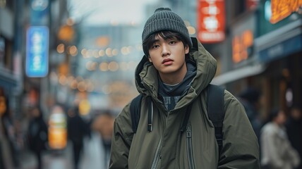 Urban street style, Seoul fashion blogger, cityscape backdrop.
