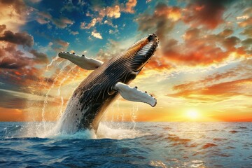 A humpback whale breaching spectacularly with a stunning sunset in the background, highlighting the ocean spray.