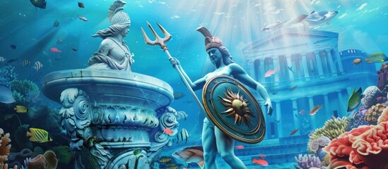 the Greek goddess with a shield and a trident stands in an underwater - obrazy, fototapety, plakaty