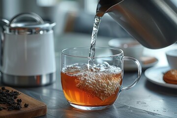 Hot water being poured from a kettle into a clear glass mug with tea, creating bubbles, on a modern kitchen counter.