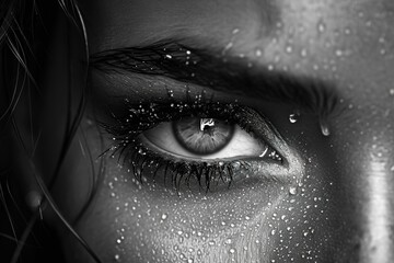 Tears on eyes. Open expressive look eyes with teardrop on the eyelashes macro close-up black and white. Sensual expressive sad artistic image
