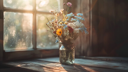 Um buquê vibrante em uma loja de flores iluminado por luz natural e convidando para um momento acolhedor - obrazy, fototapety, plakaty