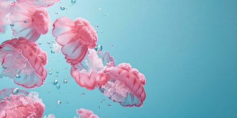 Ethereal digital art of floating pink jellyfish among bubbles. surreal, serene underwater scene. perfect for modern decor. AI