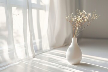 white vase with flowers next to a bright window