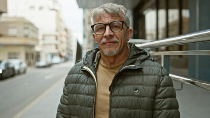 A confident, mature man with grey hair stands outdoors on a city street, evoking urban lifestyle.