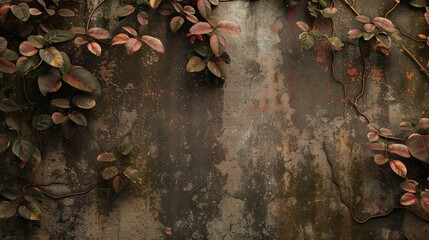 Plant leaves branch flora on old grunge garden wall. Background concept - obrazy, fototapety, plakaty