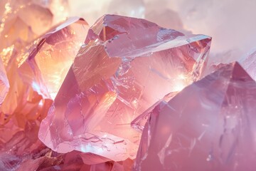 Obraz premium Close-up of large rose quartz crystals with a soft pink hue and luminous glow.