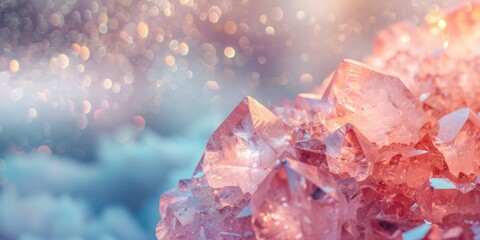 Macro shot of sparkling rose quartz crystal cluster with a bokeh light effect. Place for text