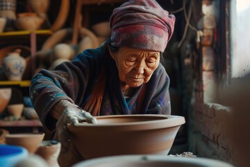 an elderly woman is making a pot on a pottery wheel