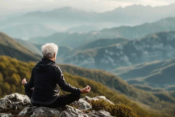 Foto op Canvas a man is sitting on top of a mountain in a lotus position © Anna